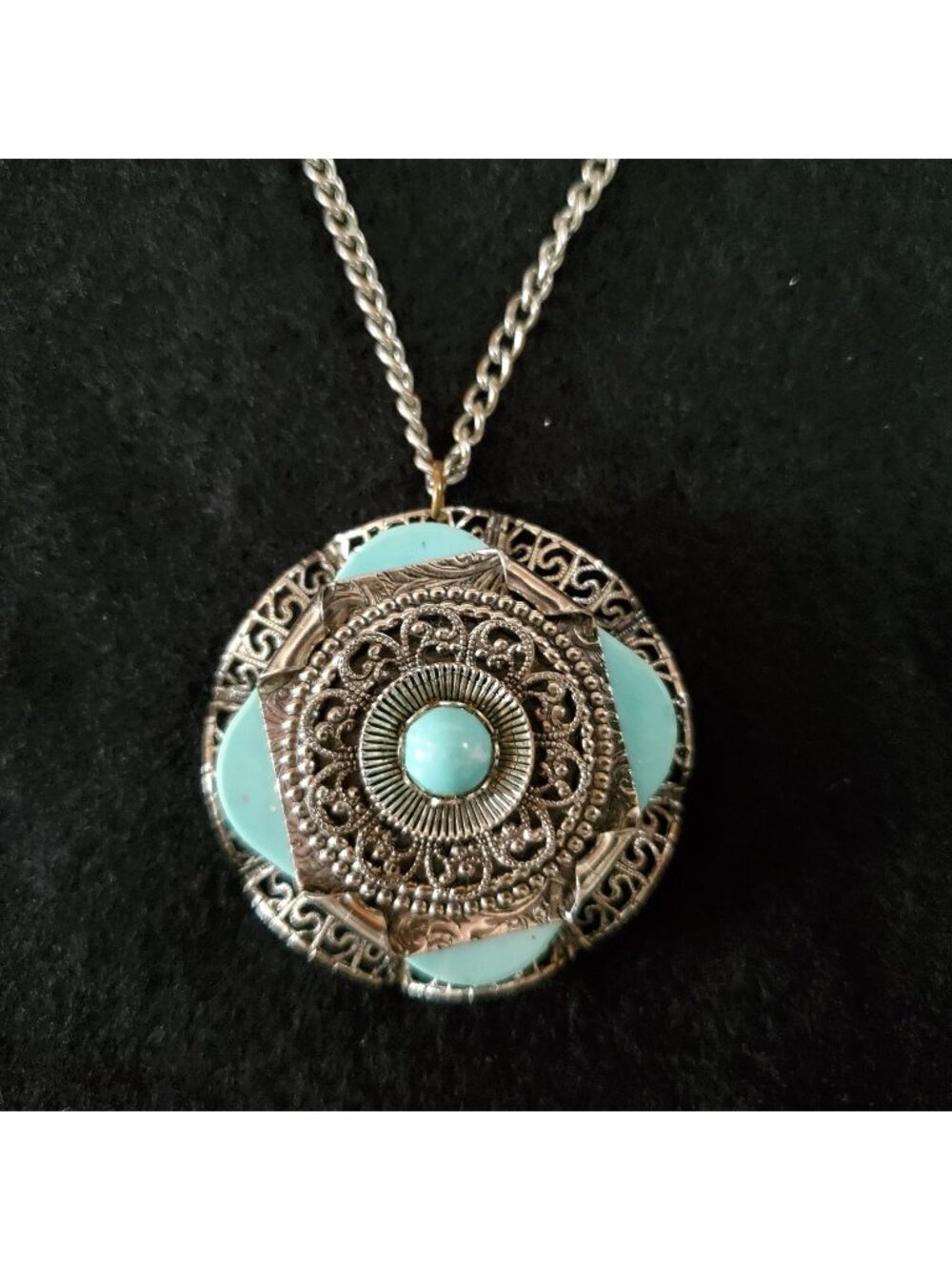 Vintage Pendant Necklace Silver Tone Filigree Blue Pendant Statement 2"